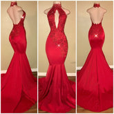 Bling Red High Neck Appliques Sequined Mermaid Prom Dress with Keyhole